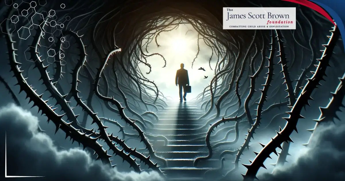 Man walking in a cave with roots Psychological-Effects-of-Child-Abuse-James-Scott-Brown-Foundation-Philanthropist